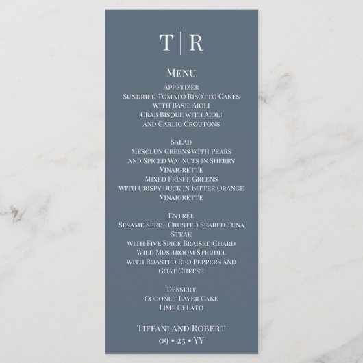 Elegant minimalist Stusty Blue Wedding Menu (Voorkant)