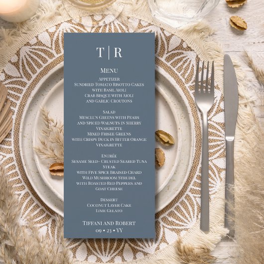 Elegant minimalist Stusty Blue Wedding Menu