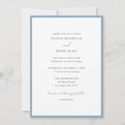 Elegant minimalist Stusty Blue Wedding Uitnodiging (Voorkant)