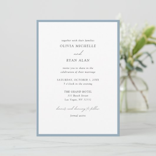 Elegant minimalist Stusty Blue Wedding Uitnodiging (Staand voorkant)