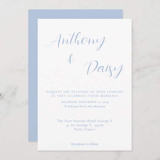 Elegant minimalist Stusty Blue Wedding Uitnodiging (Voorkant / Achterkant)