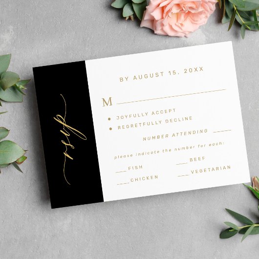 Elegant minimalist typography gold black wedding RSVP kaartje