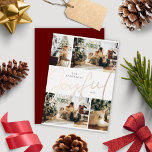 Elegant minimalist Vier foto's met vrolijk kerstfe Folie Feestdagenkaart<br><div class="desc">Een kerstfoliekaart met vier bewerkbare familiefoto's en een scriptkalligrafie met het woord "Joyful" in het midden.</div>