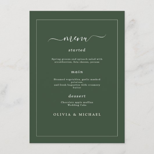 Elegant Minimalist Wedding Dark Green Classic Chic Menu (Voorkant)