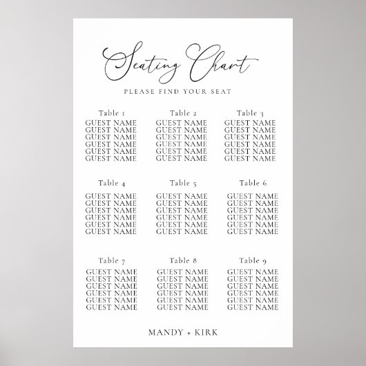 Elegant Minimalist Wedding Seating Chart Sign  Poster (Voorkant)