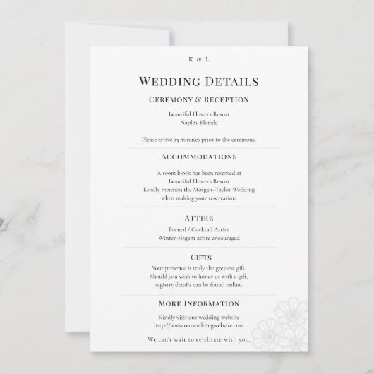 Elegant Minimalist Winter Wedding Details Card Kaart (Voorkant)