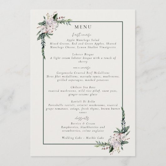 Elegant minimalist Winter Wreatwhite Green Menu (Voorkant)