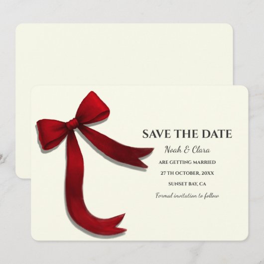 Elegant Minimalist with Red Bow - Simple classic Save The Date (Voorkant / Achterkant)
