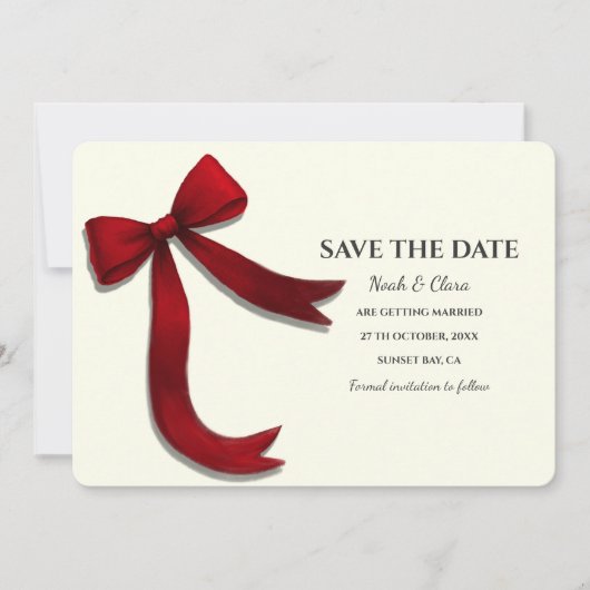 Elegant Minimalist with Red Bow - Simple classic Save The Date (Voorkant)