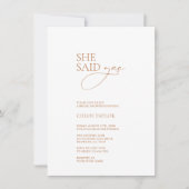 Elegant minimalist "Ze zei ja" Vrijgezellenfeest Kaart (Voorkant)