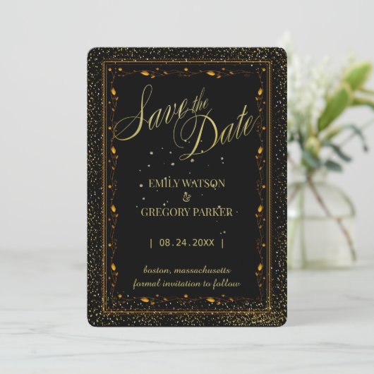 Elegant Minimalist Zwart en Goud Save the Date (Staand voorkant)