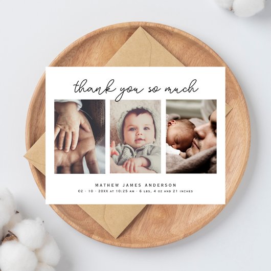Elegant minimalistisch 3 foto's dank u Baby shower Briefkaart