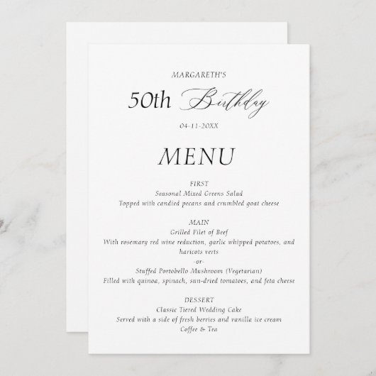 Elegant minimalistisch 50ste verjaardagsmenu menu (Voorkant / Achterkant)