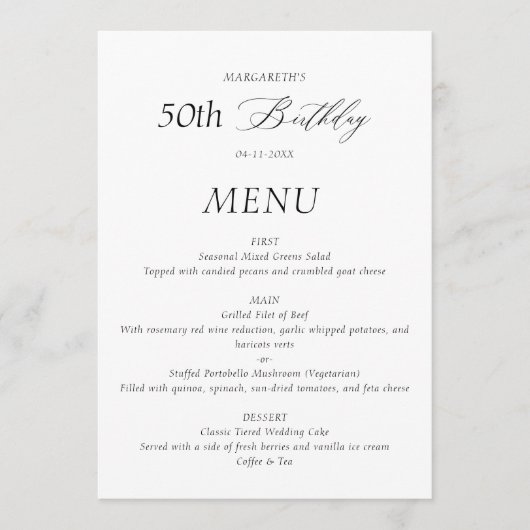 Elegant minimalistisch 50ste verjaardagsmenu menu (Voorkant)