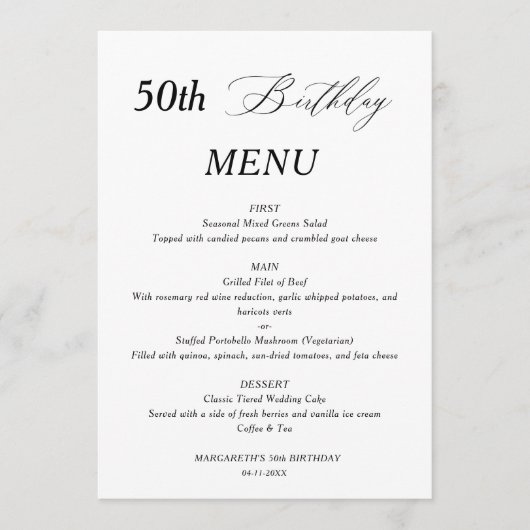 Elegant minimalistisch 50ste verjaardagsmenu menu (Voorkant)