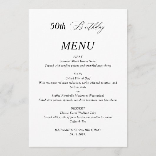 Elegant minimalistisch 50ste verjaardagsmenu menu (Voorkant)