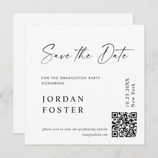 Elegant minimalistisch Afstuderen foto QR code Save The Date (Voorkant / Achterkant)