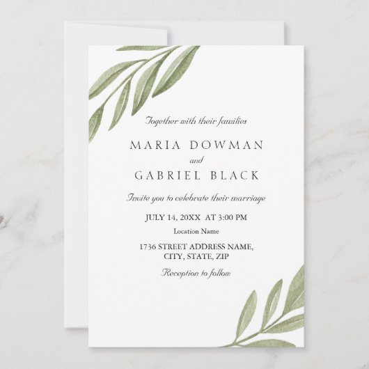 Elegant minimalistisch blad botanische bruiloft kaart (Voorkant)