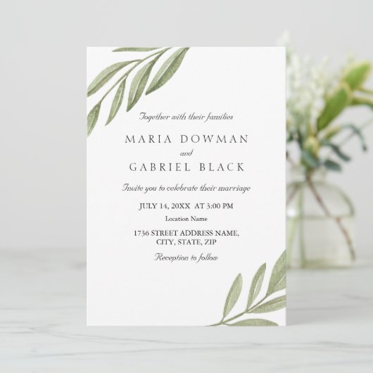 Elegant minimalistisch blad botanische bruiloft kaart (Staand voorkant)