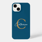 Elegant minimalistisch blauw en goud script monogr iPhone hoesje (Achterkant)