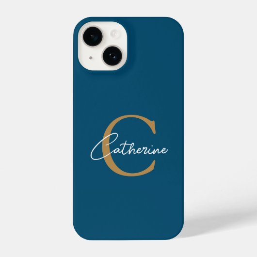 Elegant minimalistisch blauw en goud script monogr iPhone hoesje (Achterkant)