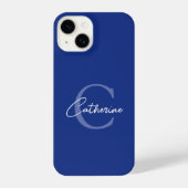 Elegant minimalistisch blauw script monogram iPhone hoesje (Achterkant)
