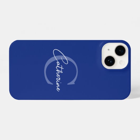 Elegant minimalistisch blauw script monogram iPhone hoesje (Achterkant horizontaal)
