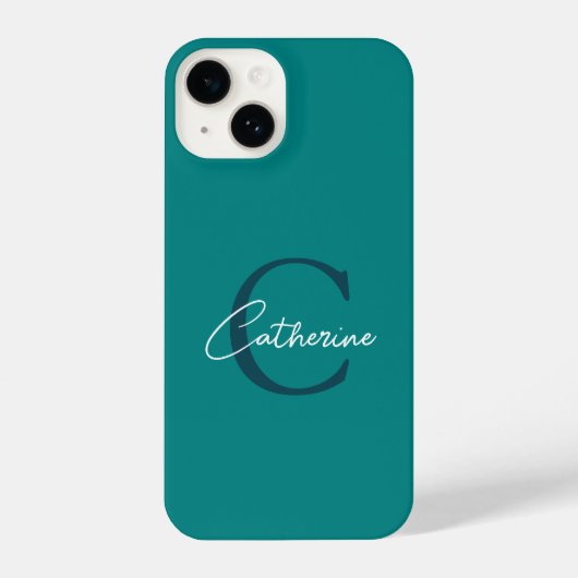 Elegant Minimalistisch Blauwgroen Script Monogram iPhone Hoesje (Achterkant)