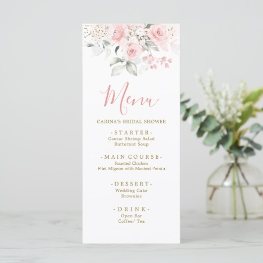 Elegant minimalistisch blush roze bloemig Baby sho Menu (Staand voorkant)