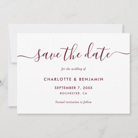 Elegant minimalistisch Bourgogne Weddenschap Save The Date (Voorkant)