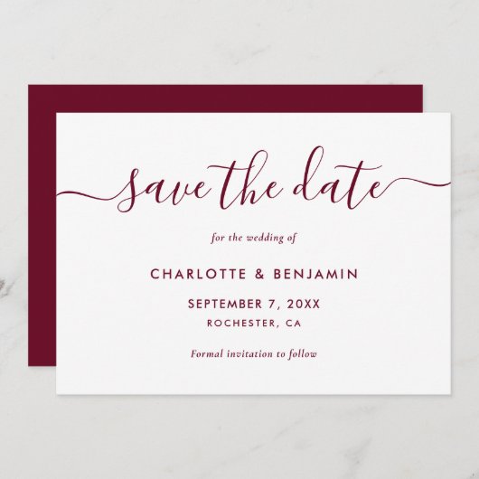 Elegant minimalistisch Bourgogne Weddenschap Save The Date (Voorkant / Achterkant)