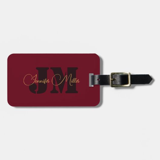 Elegant minimalistisch diep bordeaux monogram ontw bagagelabel (Voorkant horizontaal)