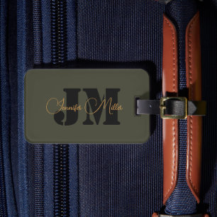 Elegant minimalistisch donker olijf monogram ontwe bagagelabel