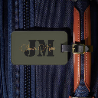 Elegant minimalistisch donker olijf monogram ontwe bagagelabel