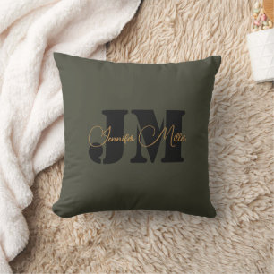Elegant minimalistisch donker olijf monogram ontwe kussen