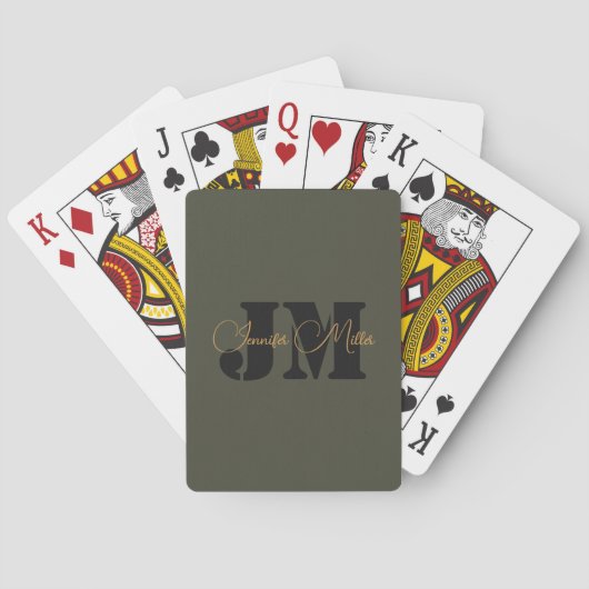 Elegant minimalistisch donker olijf monogram ontwe pokerkaarten (Achterkant)