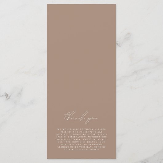 Elegant minimalistisch donker Taupe Wedding Progra Menu (Achterkant)