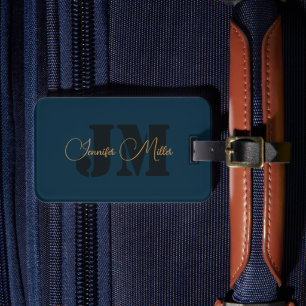 Elegant minimalistisch donkerdenim blauw monogram bagagelabel