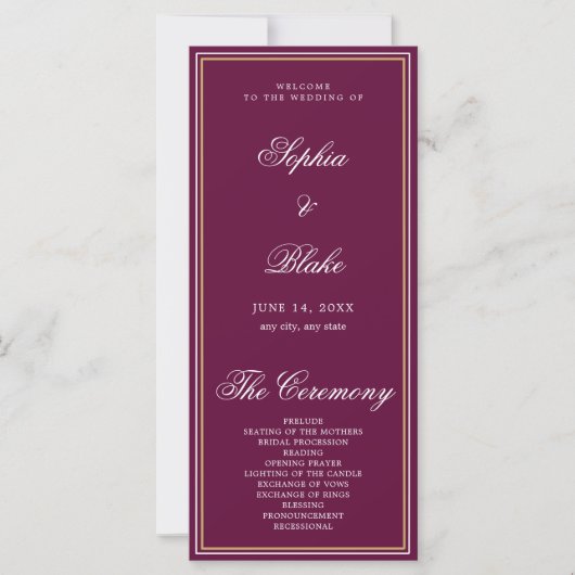 Elegant Minimalistisch Donkerpaars Trouwprogramma (Voorkant)