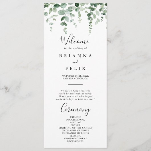 Elegant minimalistisch eucalyptus bruiloft program programmakaart (Voorkant)