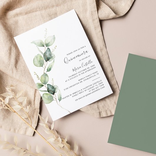 Elegant minimalistisch Eucalyptus Quinceanera Kaart