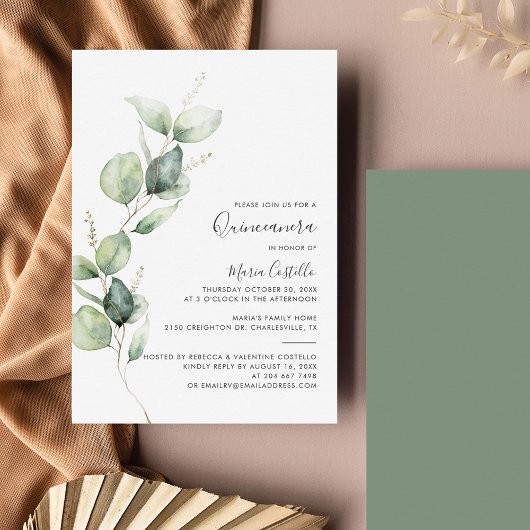 Elegant minimalistisch Eucalyptus Quinceanera Kaart