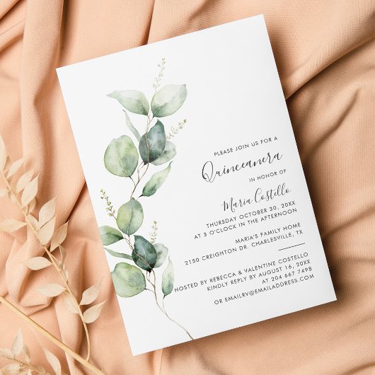 Elegant minimalistisch Eucalyptus Quinceanera Kaart