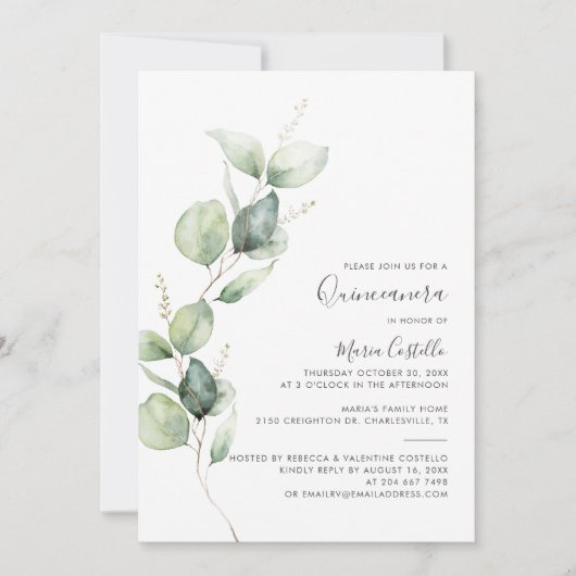 Elegant minimalistisch Eucalyptus Quinceanera Kaart (Voorkant)