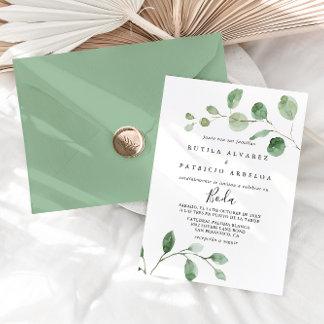 Elegant minimalistisch Eucalyptus Spaans huwelijk Kaart