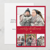 Elegant minimalistisch goud en rood 4-foto met ker feestdagenkaart (Voorkant / Achterkant)