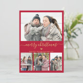 Elegant minimalistisch goud en rood 4-foto met ker feestdagenkaart (Staand voorkant)