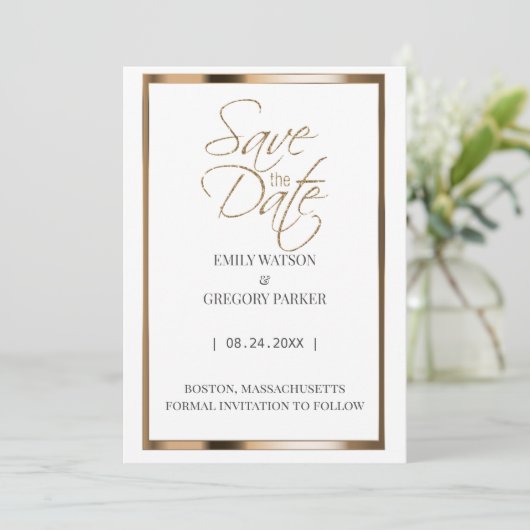 Elegant minimalistisch goud met uitzondering van d save the date (Staand voorkant)