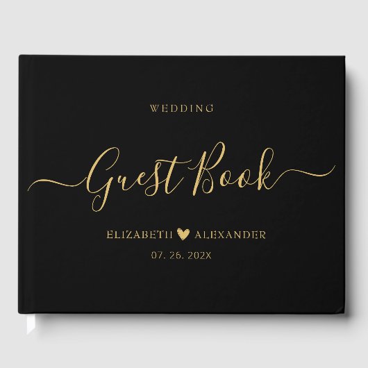 Elegant Minimalistisch Goud Script Zwart Bruiloft Gastenboek (Voorkant)