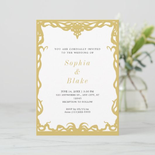 Elegant minimalistisch gouden en witte deco-huweli kaart (Staand voorkant)